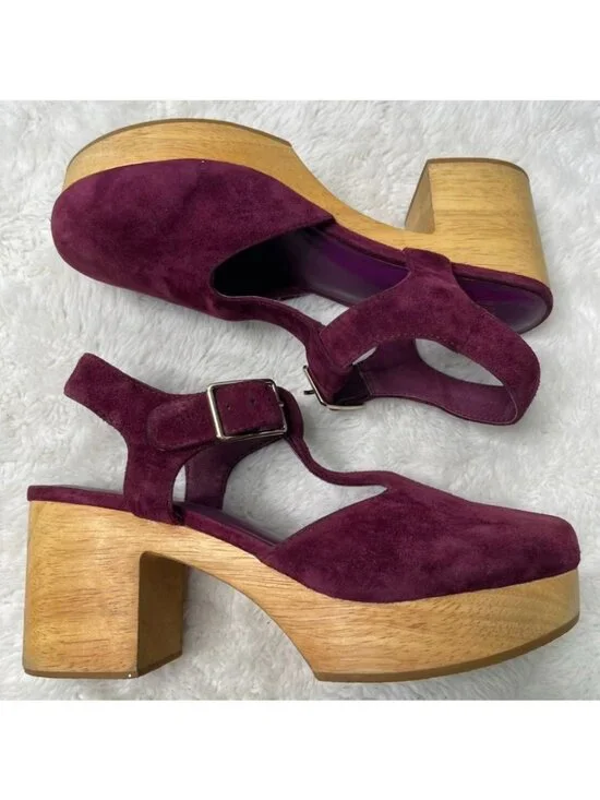 Charlotte Stone Maud T-Strap Clogs Burgundy Suede Wooden Platform Heels Size 8 - Picture 6 of 16